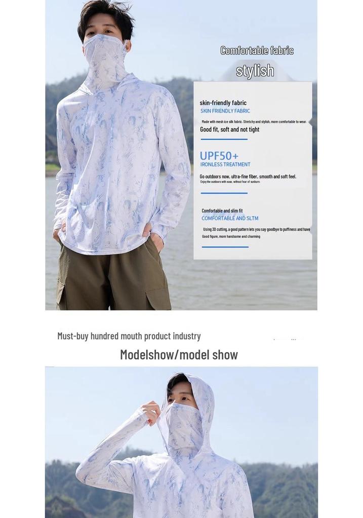 Men's Camouflage Ice Silk Quick-Dry Fishing Shirt with Matte Mask - Long Sleeve, Summer Cool, Sun Protection.