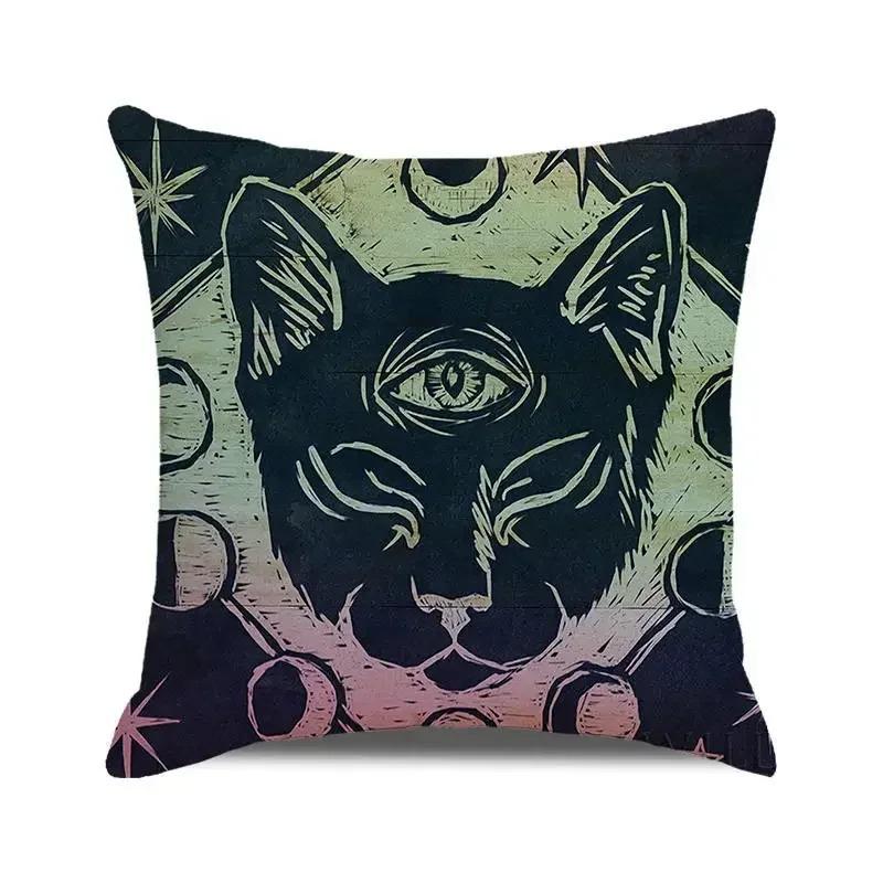 Gothic Black Cat Skull Cushion Cover Witchy Pentagram Tarot Peach Skin Throw Pillowcase For Sofa Living Room Halloween Decor
