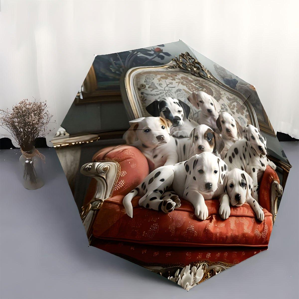 

Automatic Folding Umbrella Dalmatian puppies on a luxurious chair. Portable collapsible design, casual outdoor accessory, Chri Iron&8K