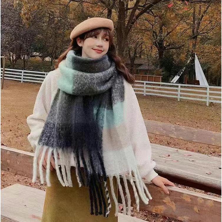 Korean Style Plaid Mohair Scarf - Women's Winter Imitation Cashmere Shawl