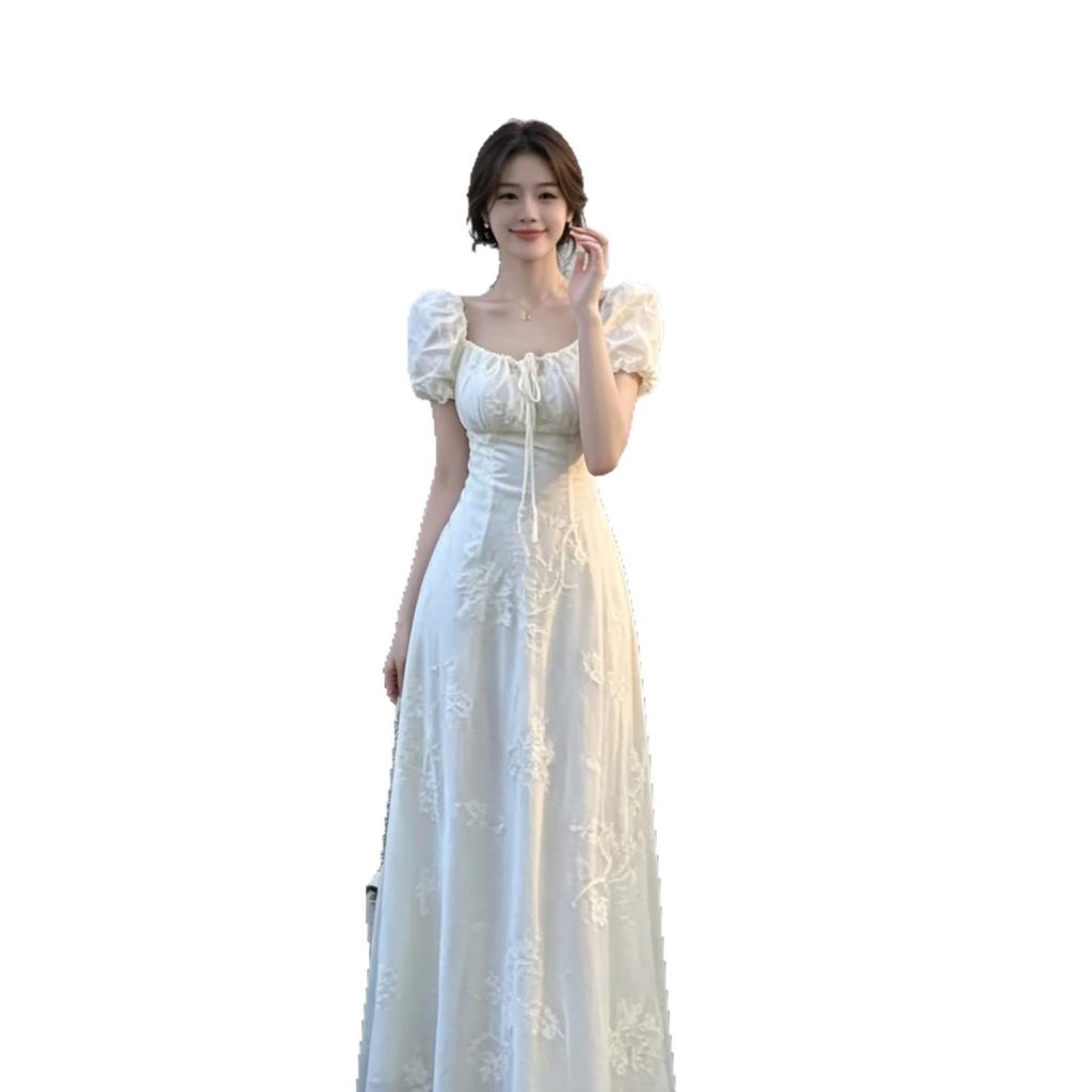 Square Neck Bubble Sleeve Waist Dress Women's Summer French Gentle Wind Embroidery Thin Long Temperament First Love Dress