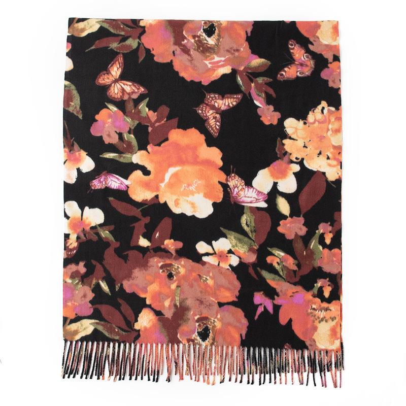This Autumn's New Warm Faux Cashmere Large-flower Printed Tassel Scarf Exudes A High End Light Luxury and Versatile Look for Women