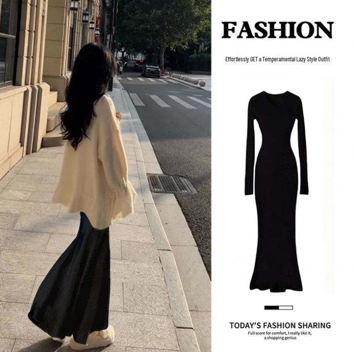 

White Lotus Fish Tail Long Dress & Coat - Women s Slim Fit Knit Base Layer for Autumn/Winter Large