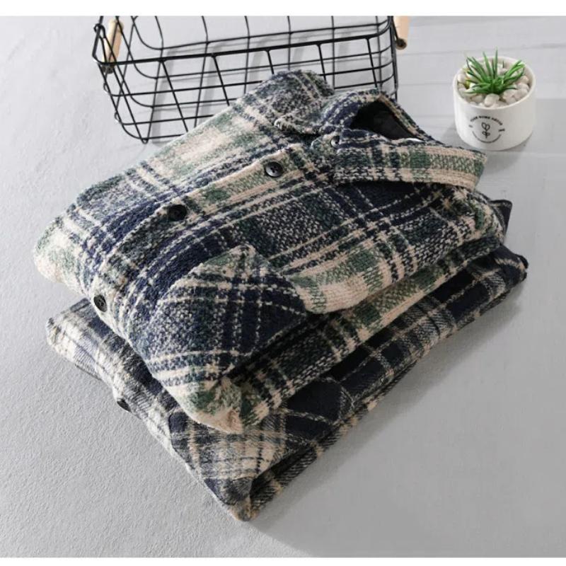 Automne et Hiver Vêtements Homme Chemise à Carreaux Rétro Manches Longues Chemises Amples Brossées avec Poche Chemise Décontractée Quotidienne pour Homme