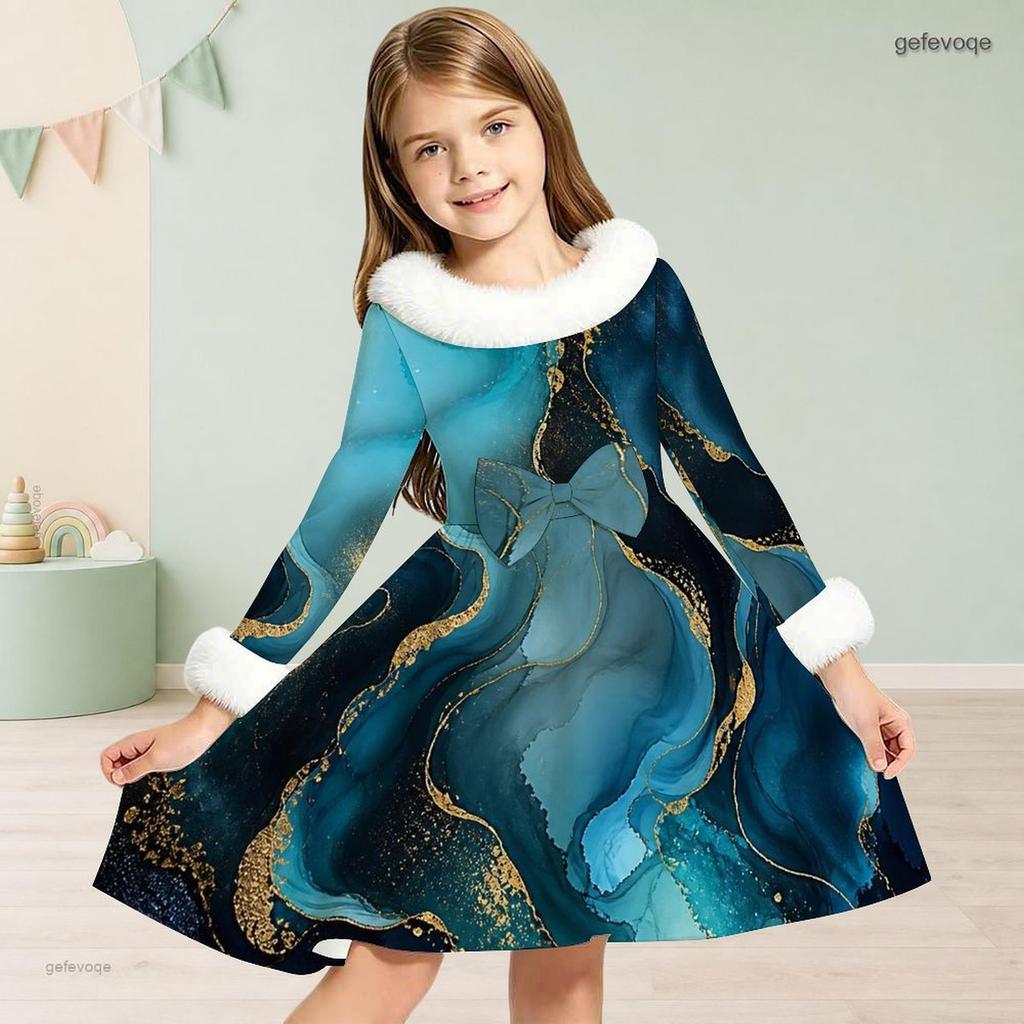 Girls Black High Neck White Furry Trim Long Sleeve Tie Waist Floral Printed A Line Flared Dress