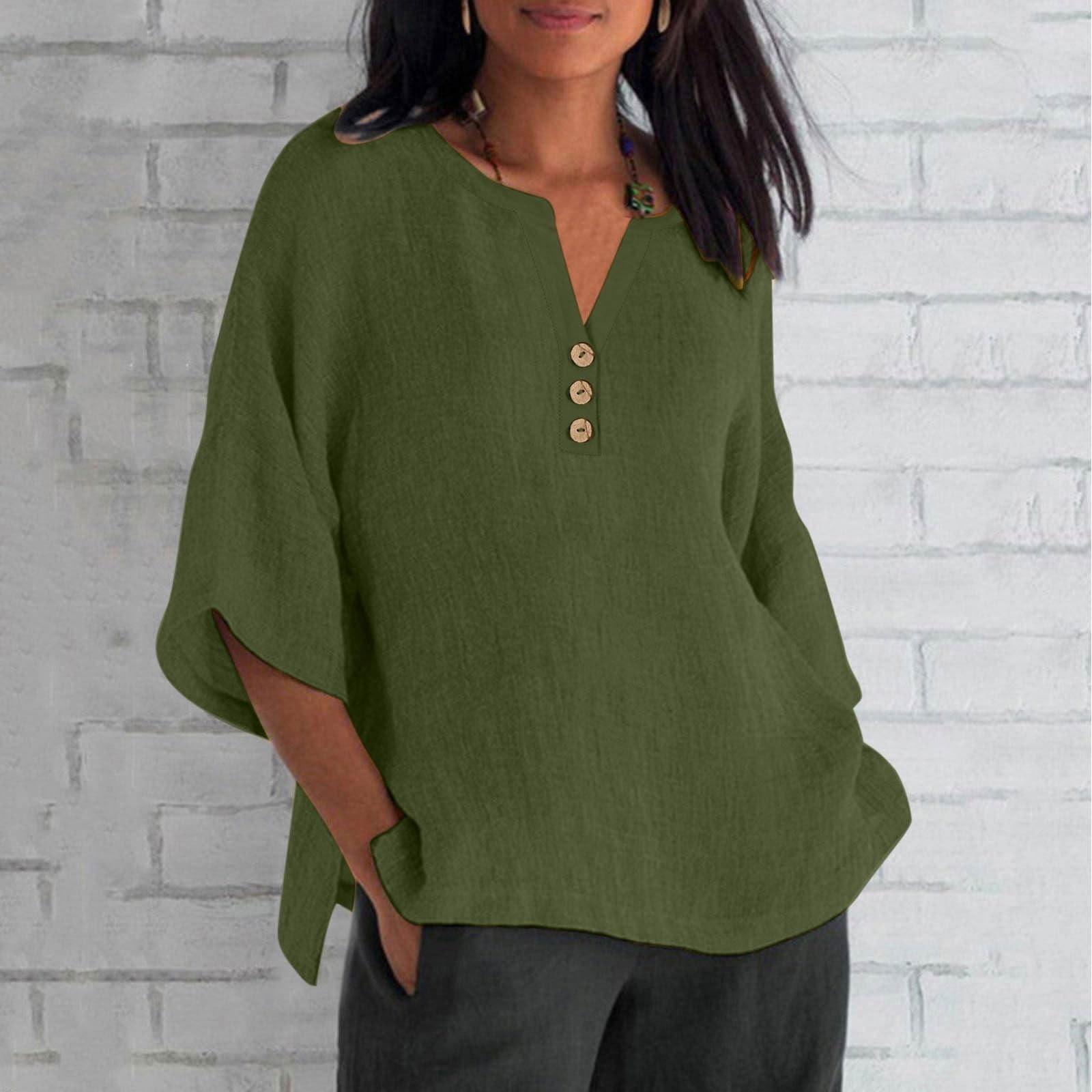 

Женская летняя свободная футболка с v-образным вырезом и рукавами три четверти, хлопок и лен, однотонный повседневный топ XXL