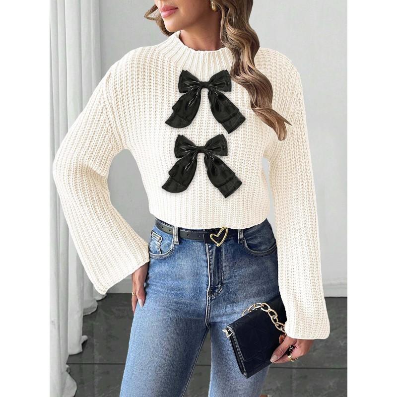 Womens Cropped Knit Sweater Bow Patch Flared Sleeve Mock Neck Pullover Streetwear