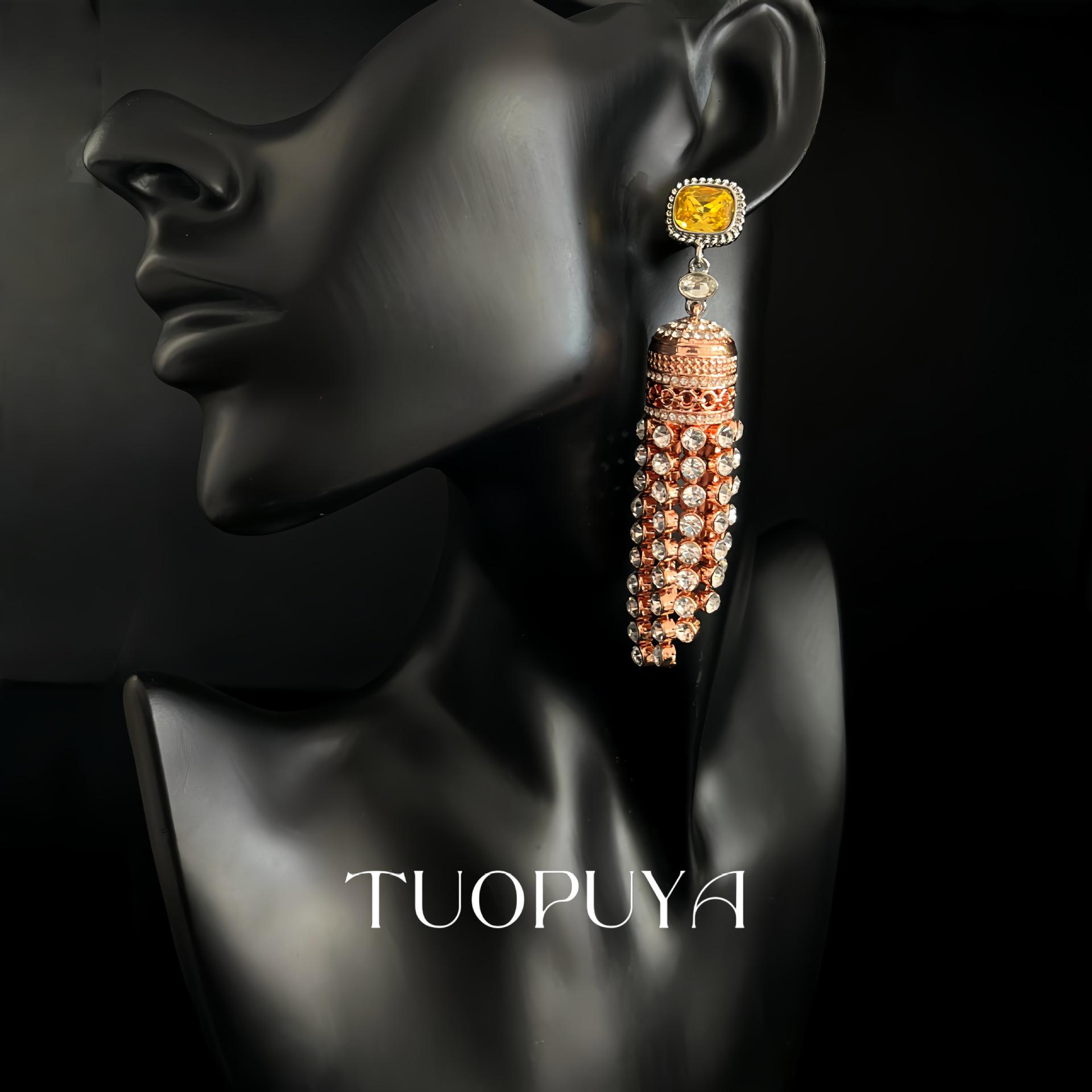 Rose Gold Diamond Tassel Earrings with Yellow Diamond Square Gemstone