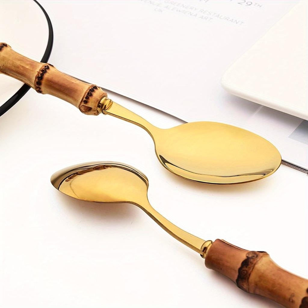8pcs Golden Teaspoon, Stirring Spoon Bamboo Handle Ice Cream Spoon, Coffee Tea Spoon Set, Food Grade 304 Tablespoons, 6.3-inch