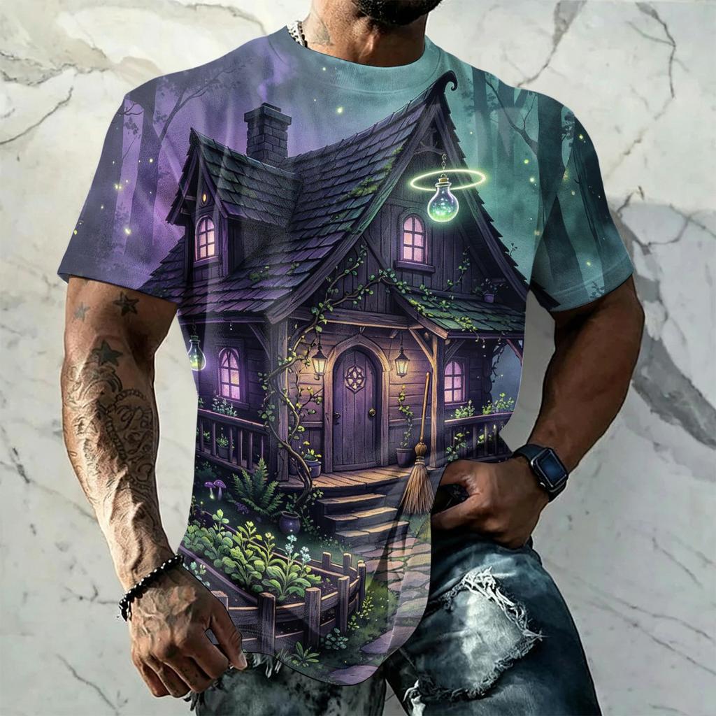Men's Halloween Vintage Short Sleeve T Shirt Loose Breathable Summer Sports Streetwear Casual Everyday Top with Bat and Spider Web Print