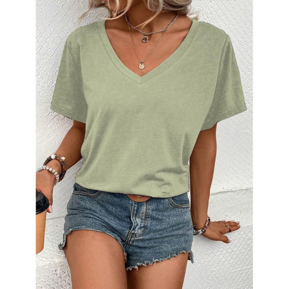 

Продукт Легкая и удобная однотонная летняя женская простая футболка модная уличная с V-образным вырезом элегантный большой топ XL
