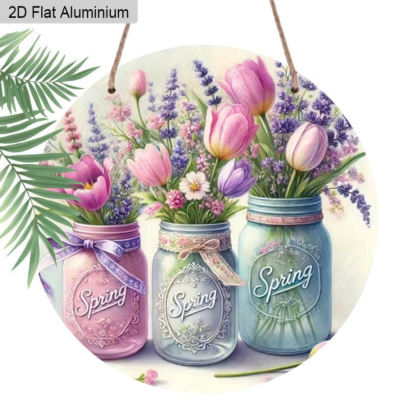 2D Flach 1 Stück Frühling Pastoral Vase Aluminiumschild Rund Dekoratives Hängendes Ornament, Haus Küche Garten Balkon Zaun Dekoration, Gärtnerei Studio Dekoration