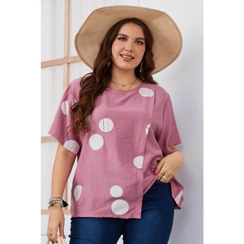 

Летняя женская футболка больших размеров с круглым вырезом, свободные топы с короткими рукавами в горошек 3XL розовый