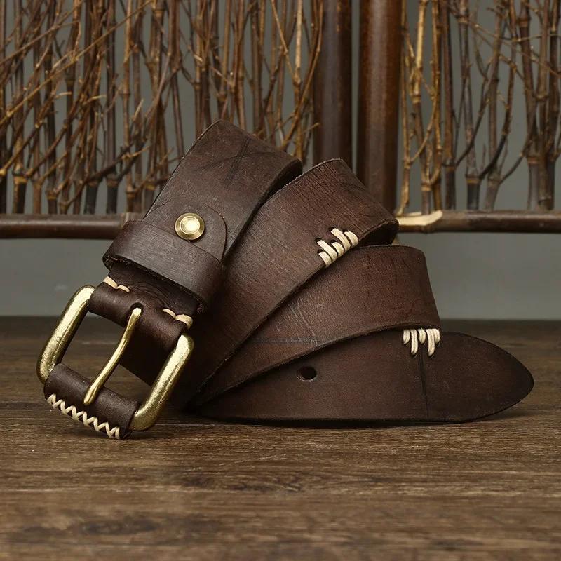 Curea de înaltă calitate 3.8CM Bărbați Piele naturală Cowboy Talie Masculină Piele de vacă pură Cataramă alamă Curele blugi pentru bărbați Designer de lux