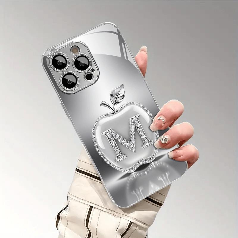 Silver Letter M For Apple Pattern Glass Electroplated Phone Case For iPhone 17 16 15 14 13 12 11 Pro Max 14 Plus 16E 17Air Cover