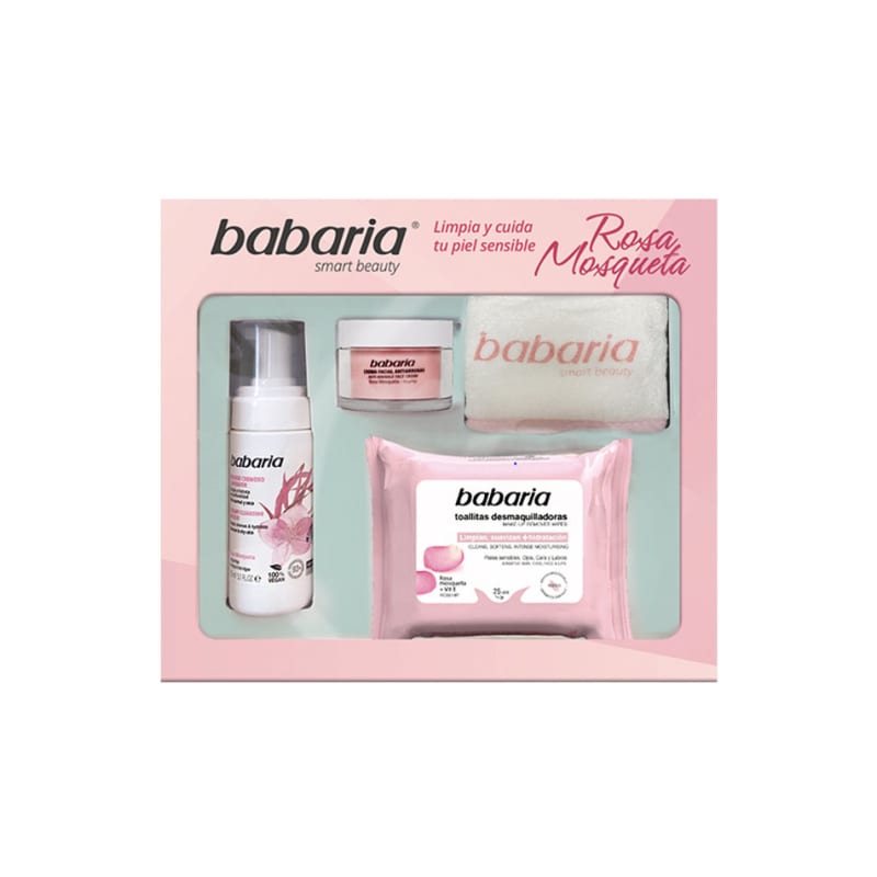 

Подарочный набор из 4 предметов с шиповником (крем + очищающая пенка + очищающая салфетка + повязка для волос)