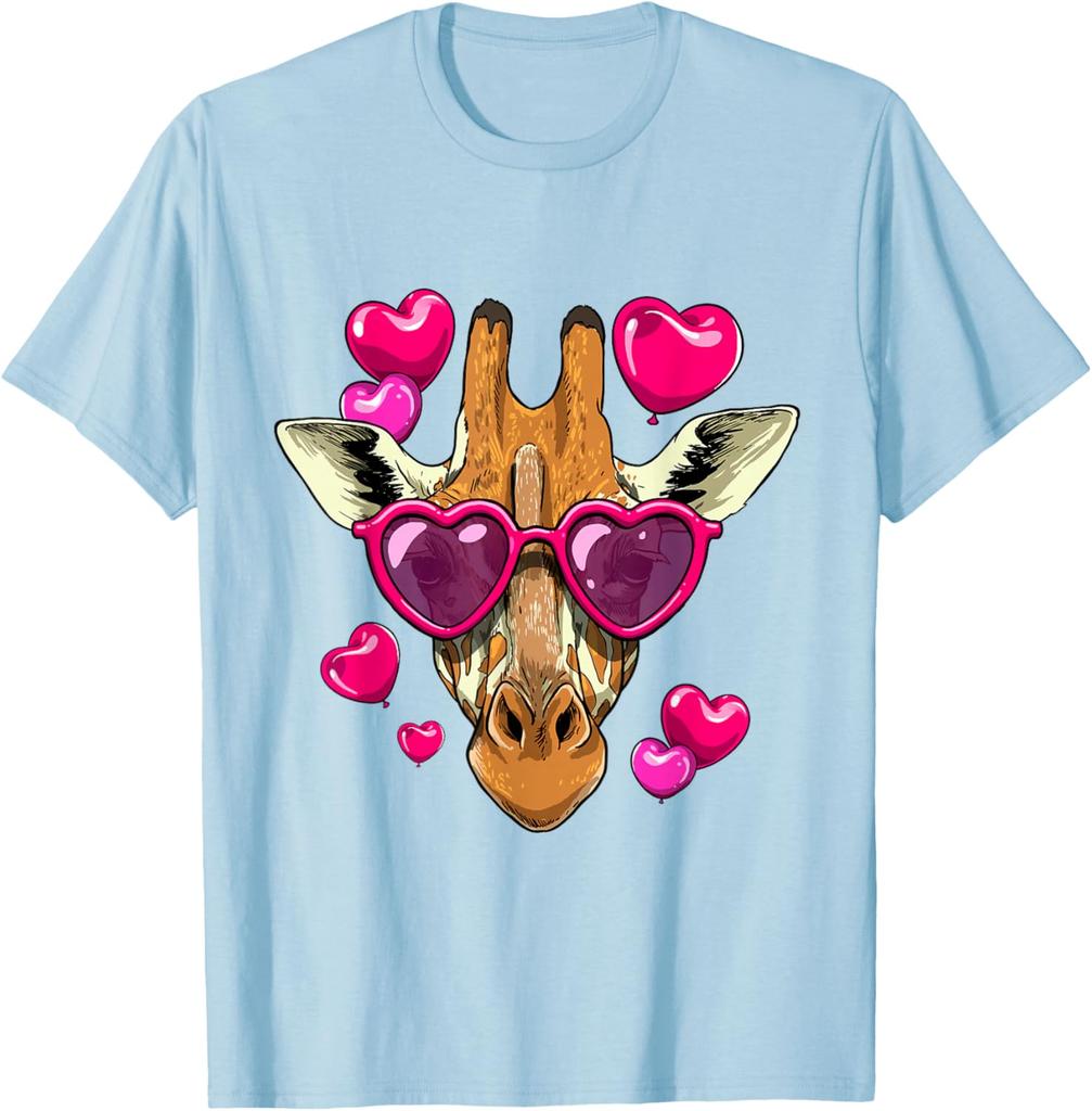 Giraffe Heart Sunglasses Valentines Day Funny Animal Graphic Tee Short Sleeve Casual Crewneck T-Shirt