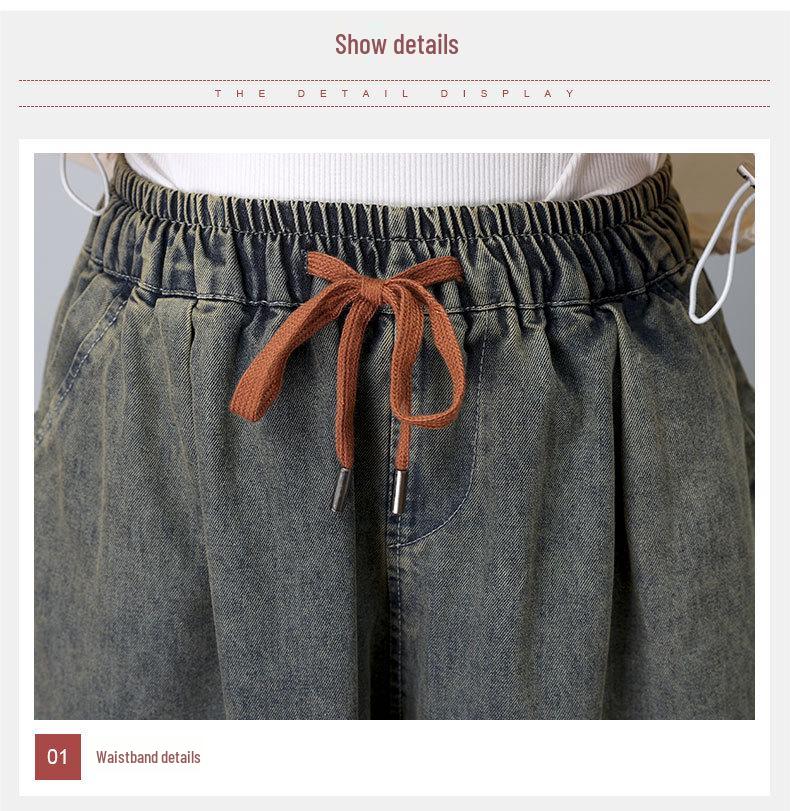 Pantaloni de damă retro brodați cu picior larg din denim cu șnur, talie înaltă, croi scurt pentru vara 2024