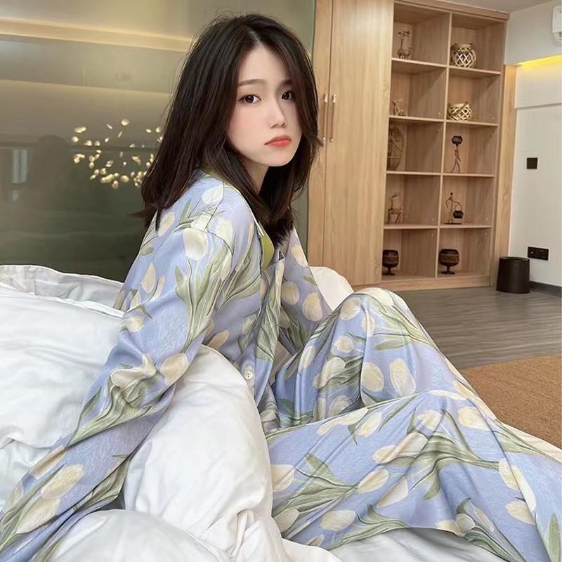 Women's Floral Silk Pajamas - Long-Sleeved, Thin & Stylish Korean Homewear for Spring/Autumn