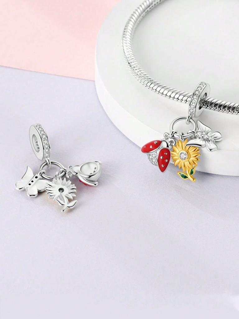 Charms Plata Copper Colors Colorful Butterfly Flowers Beads Charm Pendant For Original Bracelet For Women Diy Jewelry Love Gift