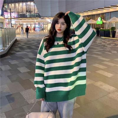 Suéter listrado feminino outono inverno quente novo suéter coreano com blocos de cores listrado gola redonda tops jumper