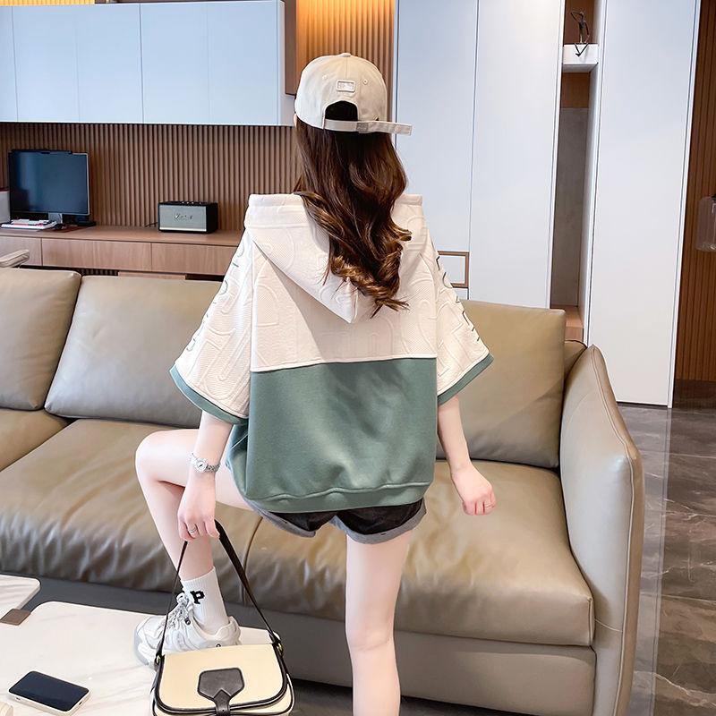 Dam Kortärmad Huvtröja Plus Size Patchwork T-shirts Koreansk Stil Lös Topp Oversized Sweatshirt