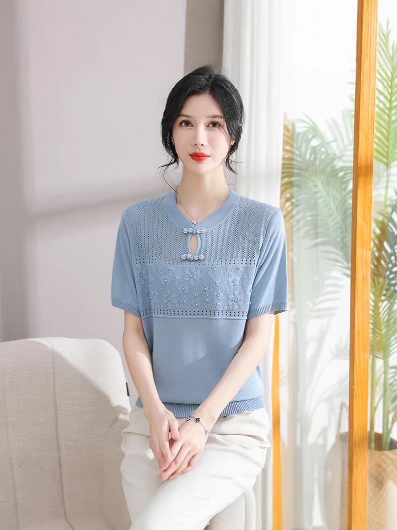 

2026 Summer Ice Silk Knit Short-Sleeve T-Shirt for Moms - Middle-Aged Chinese Style 4XL (for 165-180 jin) синий