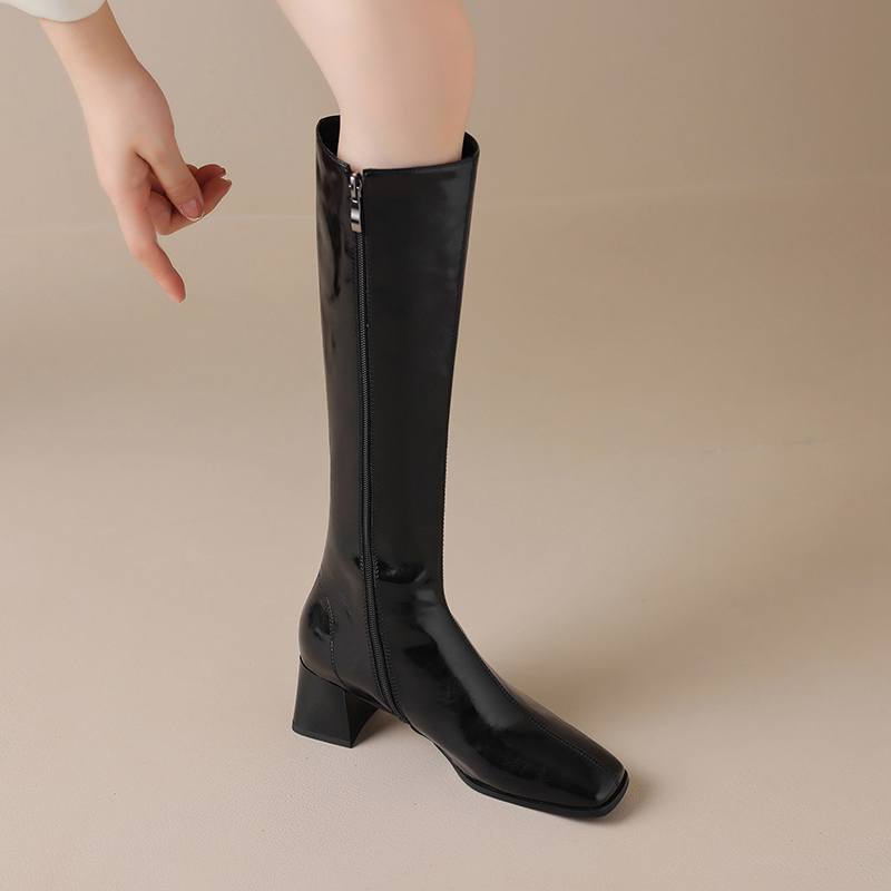 Krazing Pot Hovězí kůže Zimní hranatá špička Silné vysoké podpatky Jezdecké boty Dámské Zip Retro Vintage Vysoké boty na stehna