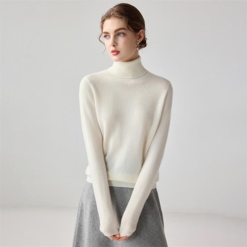 Women's High Neck Cashmere Sweater - Long Sleeve Wool Knit Solid Color Top for Autumn/Winter