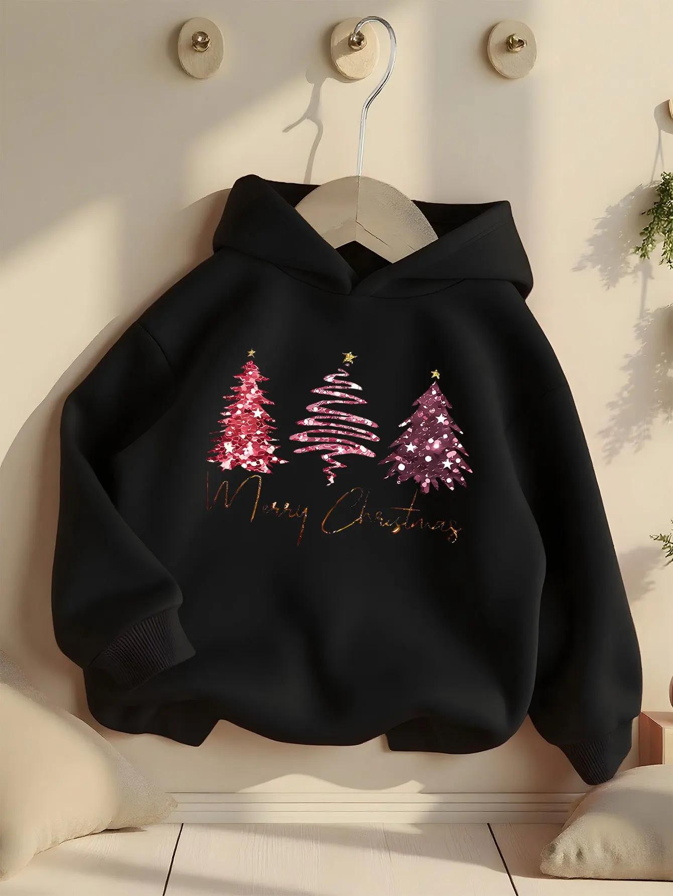 Kinder Merry Christmas Hoodie Rosa Glitzer Weihnachtsbaum Druck Pullover Herbst Winter Fleece Warm Festlich Kinder Kapuzenpullover 160 gray