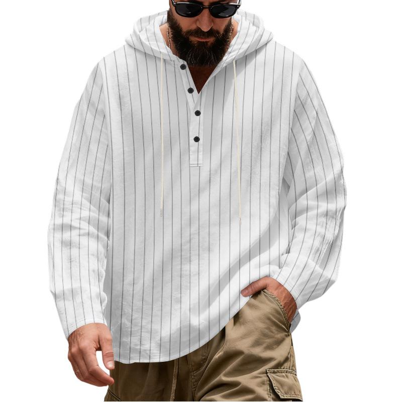 

Men s Linen Spring and Autumn New Button-Up Hooded Pullover Striped Long-Sleeve Sweatshirt S белый