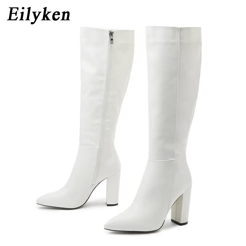Fashion Eilyken Women Knee-High Boots Elegant Street Style Pointed Toe Chunky High Heel Zipper Long Booties Party Shoes
