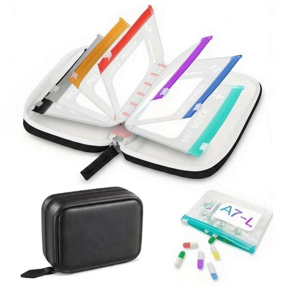 7/14PCS Waterproof Weekly Pill Organizer Color Coded Medicine Pouch Set Outdoor Use Black-7PCS