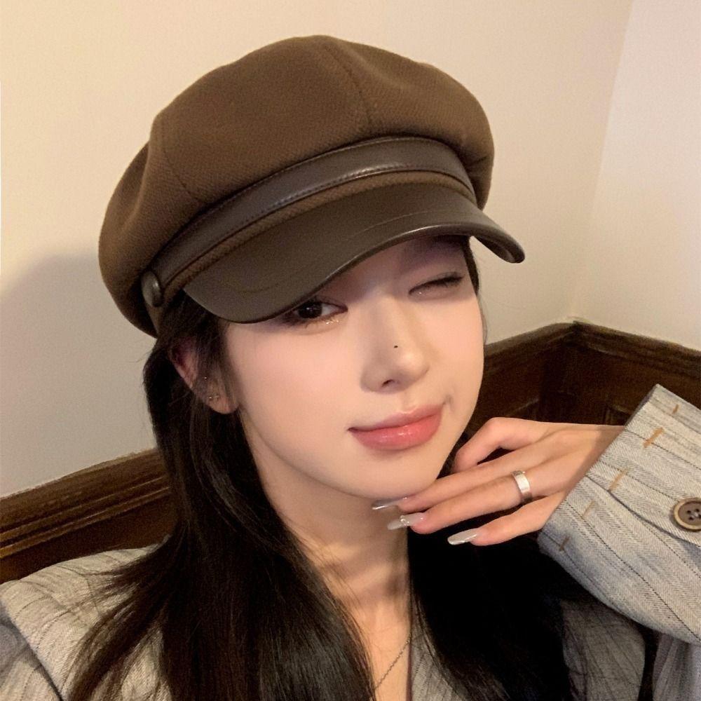 Retro Pu Leather Beret Korean Style Painter Hat Fashion Wool Octagonal Hat  Streetwear