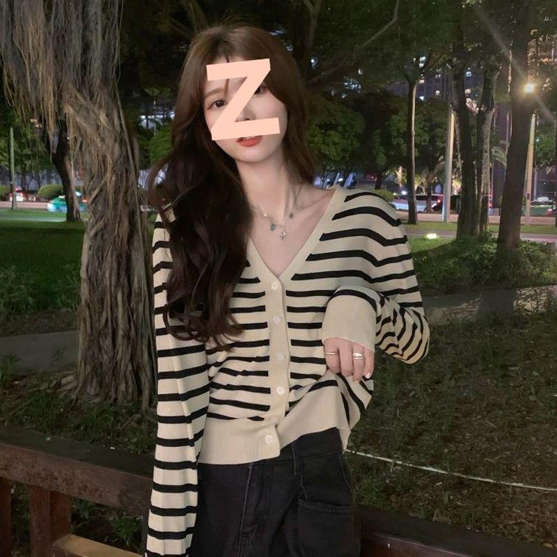 Women's V-Neck Striped Knit Cardigan, Long Sleeve, Lightweight, for Spring/Autumn 2026