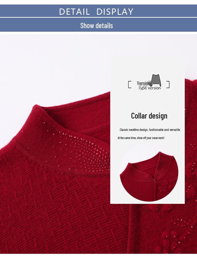 100% Pure Wool Embroidered Qipao Collar Sweater - Red, Age-Defying Knit Base Layer for Women
