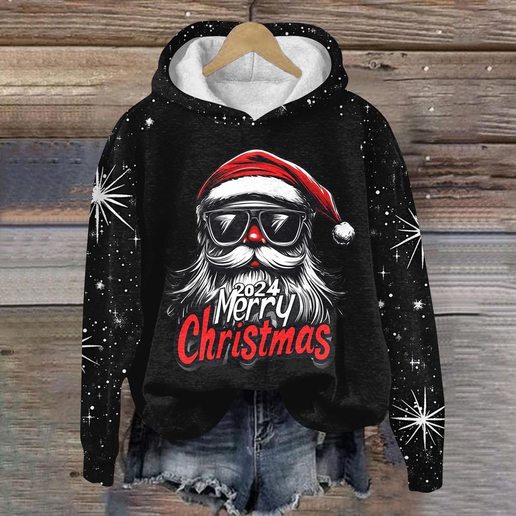 Dammode Pullover Djup Ärm Jul Tryckt Huvtröja