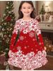Girls' Autumn and Winter Fashion Dress, 3D Christmas Print Round Neck Long Children's T-shirt Dress, Casual Versatile, Christmas Clothing