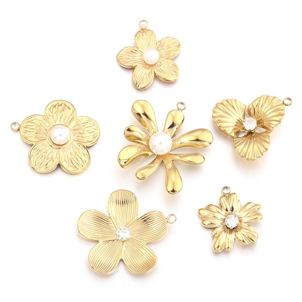 2Pcs Stainless Steel Pearl Flower Enamel Charms Exquisite Gold Color Pendant DIY Necklace Earrings Wedding Party Jewelry Finding