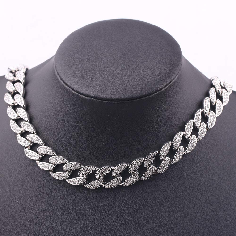 [Rockyu] Men's Necklace with Zirconia, Cuban Chain, Silver, Gold (18K), CZ Diamond, 14mm Wide, Thick, Cool, Hip Hop, Street Style Jewelry (50, Silver)