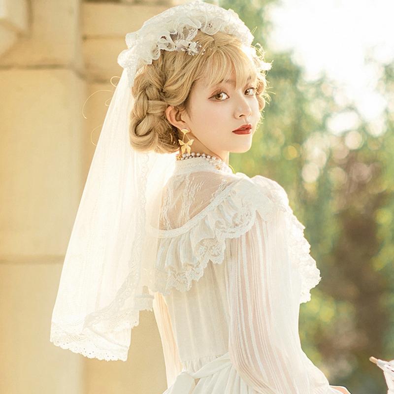 Vintage Brides Lace Veil Headdress Black White Lolita Veil for Outdoor Occasions