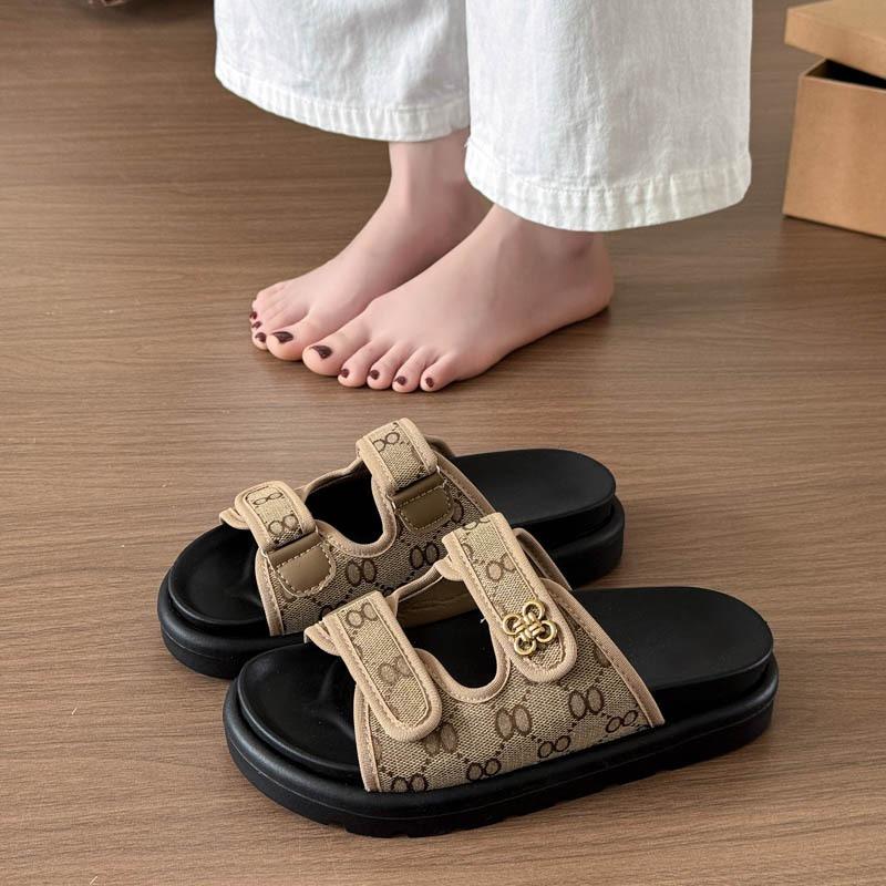 Large Size Thick-bottomed Cool Slippers Women's Summer Denim Outer Wear Velcro Printed Beach One-word Slippers