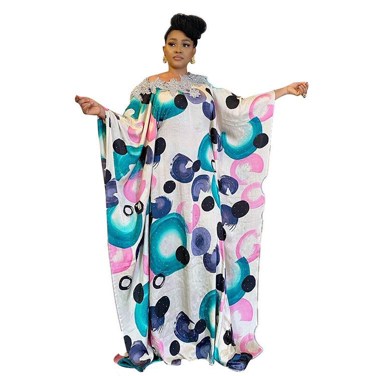 

Платье из искусственного шелка для африканских женщин с расклешенной юбкой и принтом из бриллиантового кружева One Size небесно-голубой