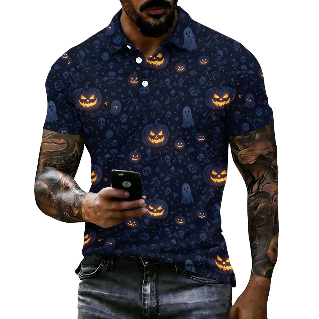 Men's Halloween Print Vintage Texture Short Sleeve Polo Shirt Loose Breathable Summer Sports Street Casual Everyday Top