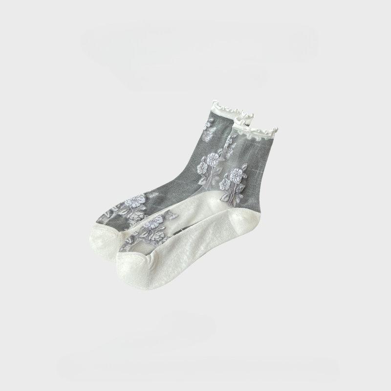 Summer New Style Thin Women's Socks Breathable Ice Silk Flower Crystal Stockings Short Sweat-absorbent Non-slip Cotton Socks Bottom Tube Socks