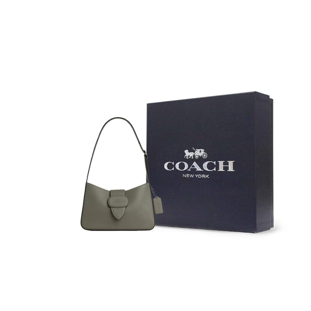 Coach Eliza 25 Zipper Closure Adjustable Shoulder Strap Calfskin Tote Shoulder Bag Medium Women Bags Gunmetal Military-Green CT853-QBMGR