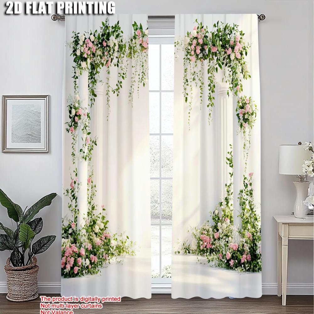 2pcs, Window Curtain 2D Print Flower & Rose Durable Polyester (without Rod) Thermal Insulation, and Room Darkening Functions Use
