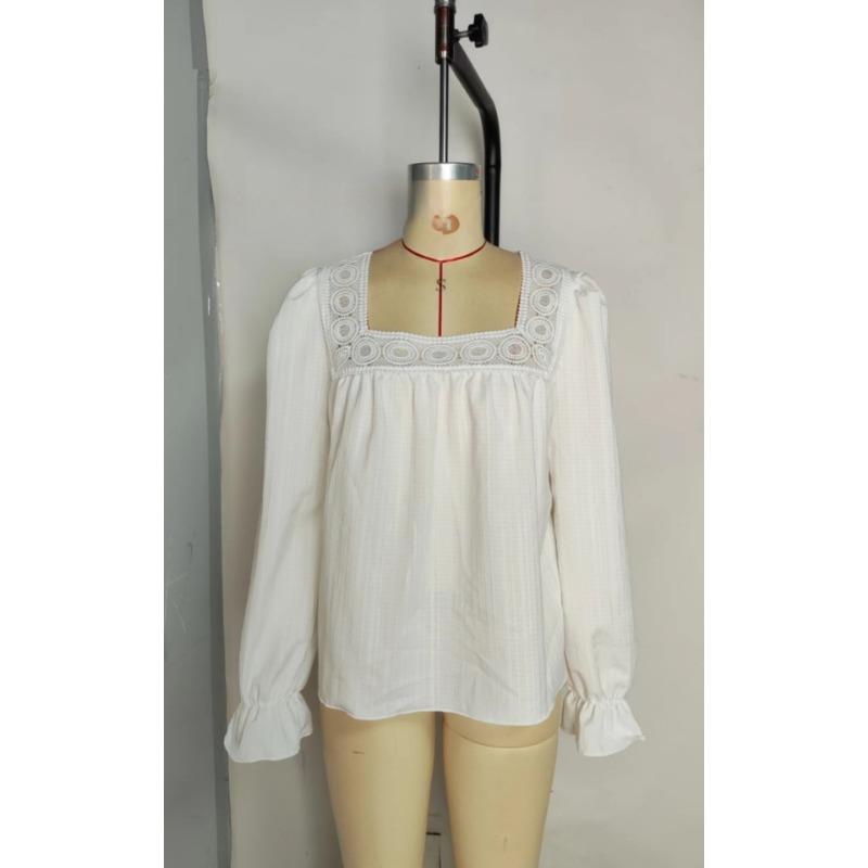 Blusa da Donna con Scollo Quadrato e Bordi in Pizzo, Texture Pieghettata, Maniche Lunghe a Svasatura, Top Casual Monocolore