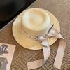 Fashion Flat Top Straw Hat for Women Floral Ribbon Bowknot Summer Large Brim Sunscreen Fisherman Cap Sweet Girls Travel Hat