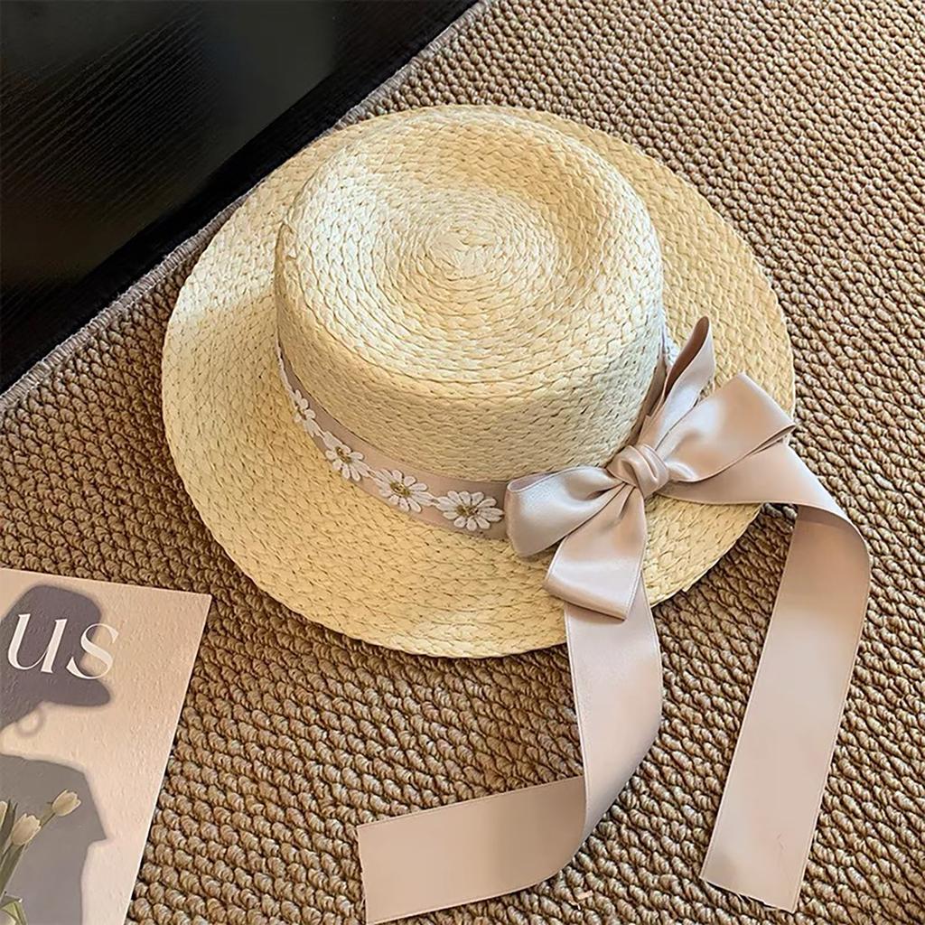 Fashion Flat Top Straw Hat for Women Floral Ribbon Bowknot Summer Large Brim Sunscreen Fisherman Cap Sweet Girls Travel Hat